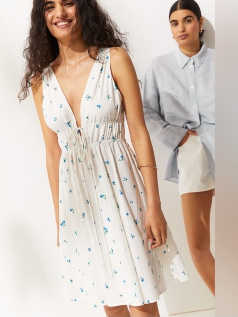 H&M Linen Deep V Summer Floral Dress